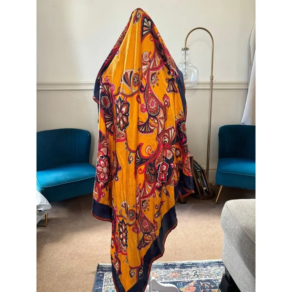 Banana Republic 100% Silk Square Scarf Shawl Yellow Gold Paisley Navy Border